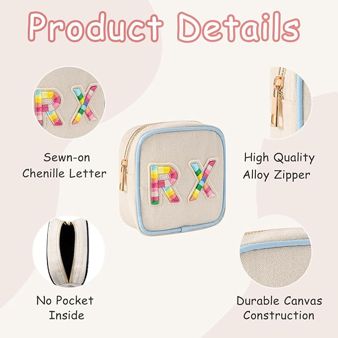 Small Canvas Rx Medicine Packages, Cute Chenille Letter Patch Drug Makeup Bag with Metal Zipper, Mini Travel First Aid Purse Organizer Machine Washable (03Blue-Rainbow)
