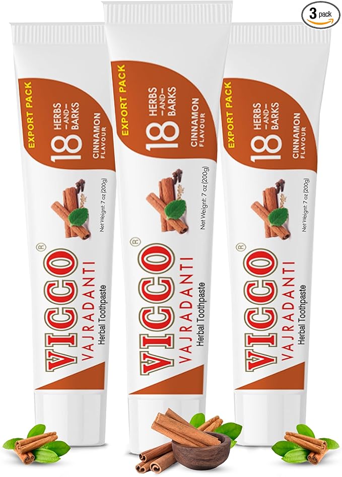 Vicco Vajradanti Ayurvedic Herbal Toothpaste by Vicco – 70 Year Legacy of Ayurveda, Cinnamon Flavour, with 18 Ayurvedic Herbs & Barks, 100% Natural, Vegan, Fluoride-Free & Cruelty-Free – 7 oz (3 Pack)