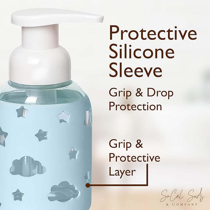SoCal Suds & Company Glass Foaming Hand Soap Dispenser, Soft Grip Silicone Sleeve, Refillable Pump Bottle for Kids, Baby Wash & Shampoo, Ideal for Home Use, Light Blue 8oz