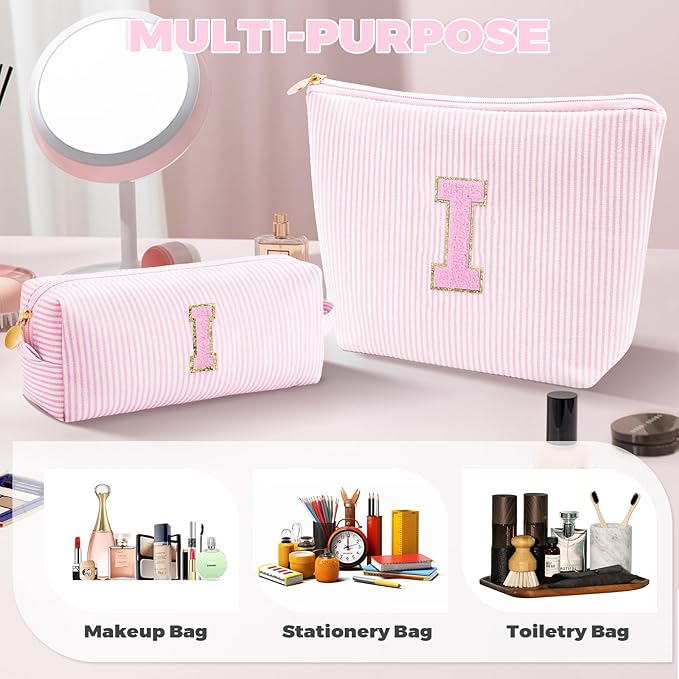 Personalized Makeup Bag for Women Girls - Fashion Cosmetic Bag Trendy Travel Toiletry Bag with Initials Letter - Teen Gifts - Pink,I