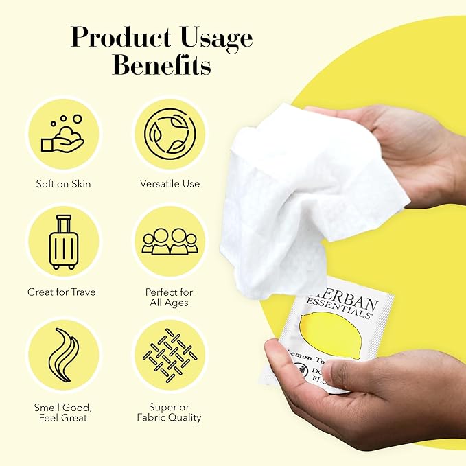 Herban Essentials - Lemon Wipes & Towelettes - Essential Oil Wipes for Make Up, Hands, Face & Body - Travel Size Essentials & Toiletries - Natural, Individually Wrapped, Disposable & Moist (7 count)