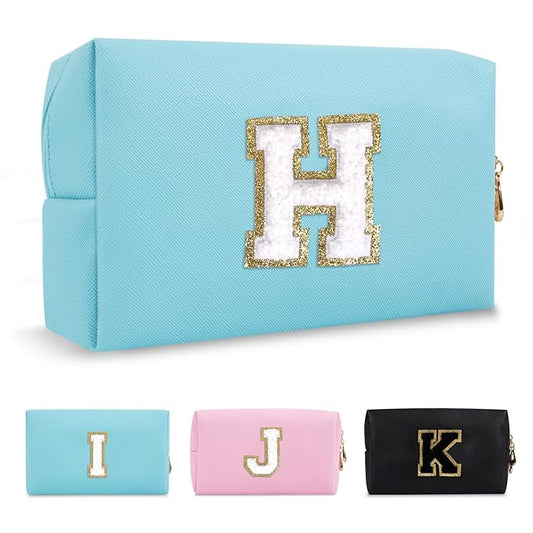 Small Personalized Initial A-Z Preppy Patch Makeup Bag,PU Chenille Letter Travel Cosmetic Pouch with Zipper,Blue Cute Toiletry Bag,Gift Ideal for Teen Girls Women Teacher Bridesmaid,Letter H