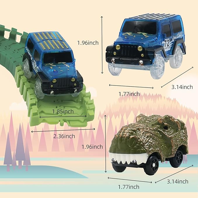 Dinosaur World Race Track Toys - 216pcs Flexible Track Playset with 1 Dinosaur Car, 1 Race Car, 6 Dino Toys, for Kids 3 4 5 6 Year & Up Old (Boys and Girls)