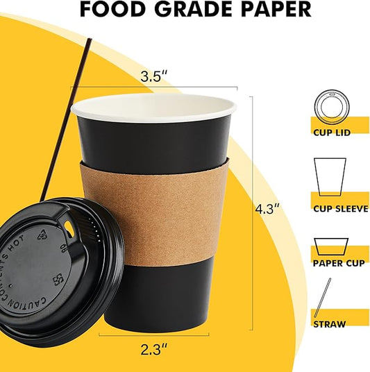 RACETOP 50 Pack 12 oz Coffee Cups with Lids, Black Disposable Coffee Cups with Lids, Sleeves and Stirring Sticks, Hot Paper Coffee Cup 14 oz for Hot Drinks, Parties, Picnic, Travel, and Events