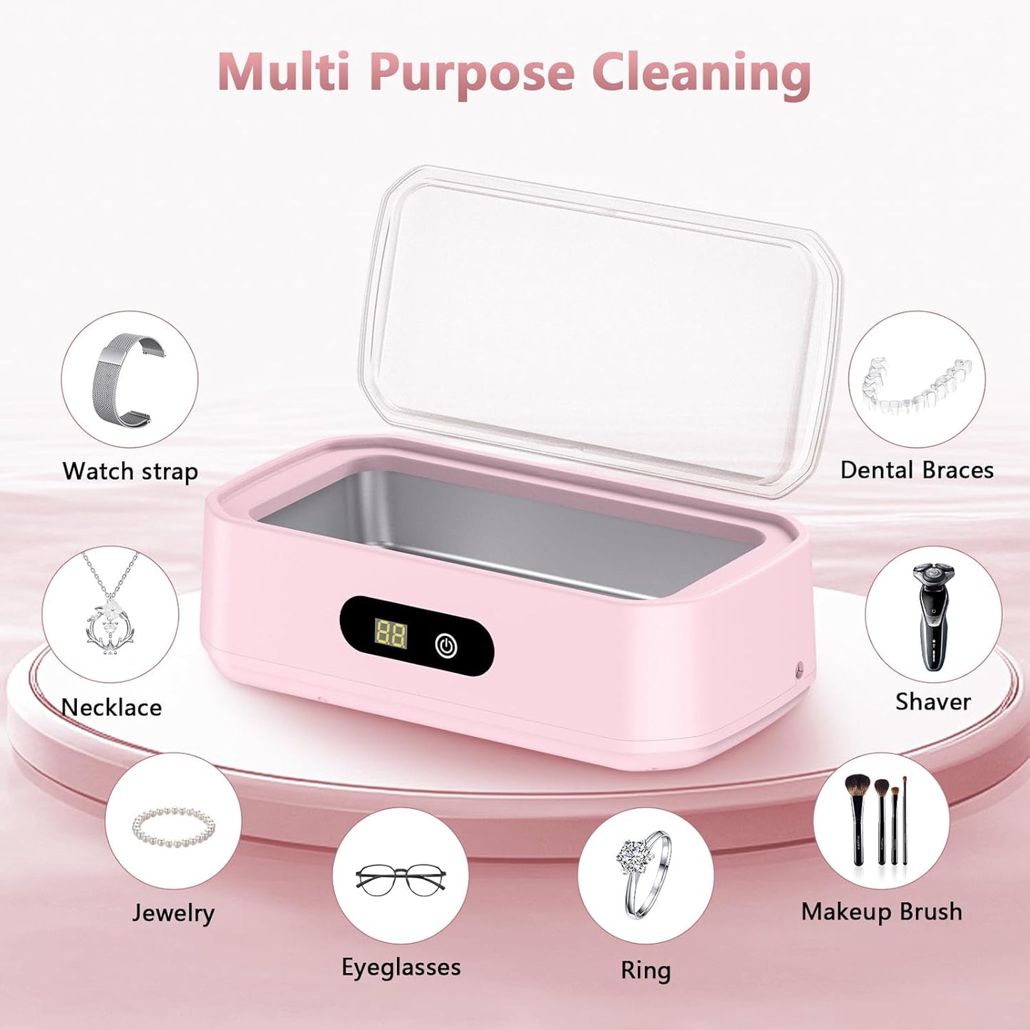 2025 Upgrade Large Capacity Ultrasonic Cleaner, 50Khz Ultrasonic Cleaner Machine with 5 Modes Timer for Glasses Dentures-304 Stainless Steel Tank, Pink
