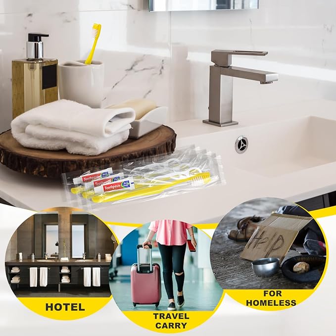 15pcs Disposable Toothbrushes with Toothpaste and Floss,Yellow Bulk Single Use Toothbrush Floss Pick Individually Wrapped Disposable Travel Toothbrushes Kit for Homeless,Airbnb,Hotel,Guest