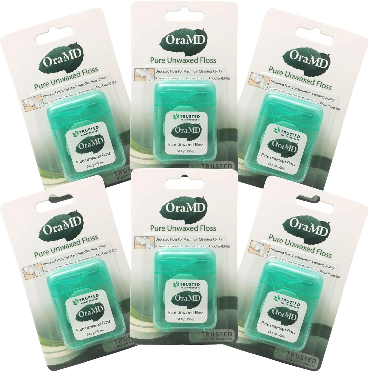OraMD Oral Care Pure Unwaxed Dental Floss 54.6 Yards - PFOA-Free, Chemical Free, Shred Resistant - Unscented and Ultraclean Plaque Removal - Teeth and Gum Protection for Adults - Pack of 6