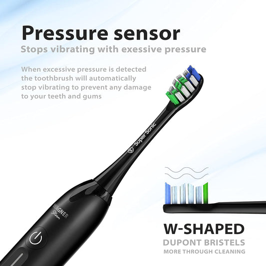 Wagner Stern Ultrasonic whitening Toothbrush with Pressure Sensor. 5 Brushing Modes and 4 Levels of Intensity, 8 Soft bristles, Travel case.