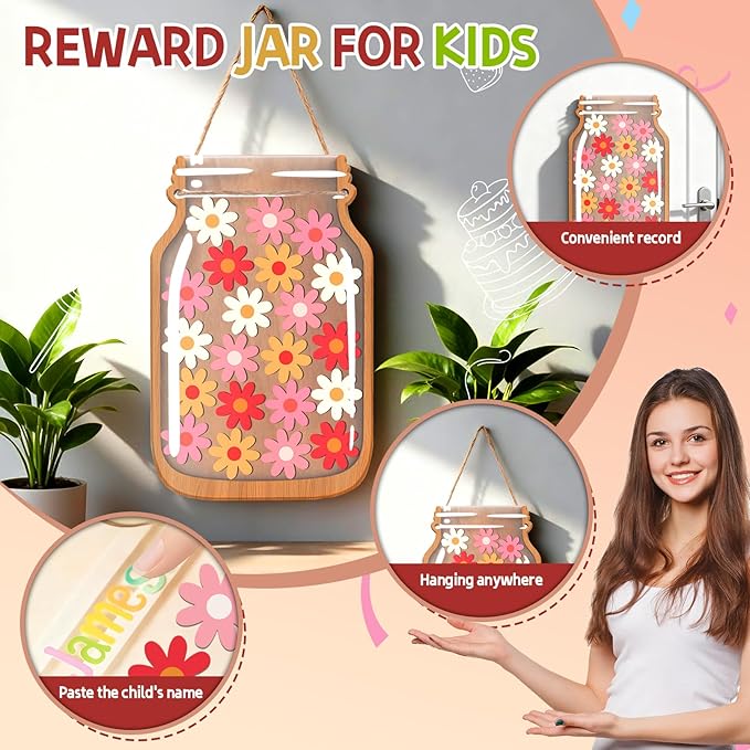 Flowers Reward Jars for Kids-Magnetic Reward System with Colorful Letter Stickers,Behavior Classroom Incentive Jar for Teachers Parents (Mason Jar with Stars, Kids Motivational Tool)