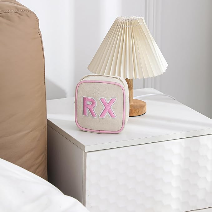Small Canvas Rx Medicine Packages, Cute Chenille Letter Patch Drug Makeup Bag with Metal Zipper, Mini Travel First Aid Purse Organizer Machine Washable (04Light-Pink)