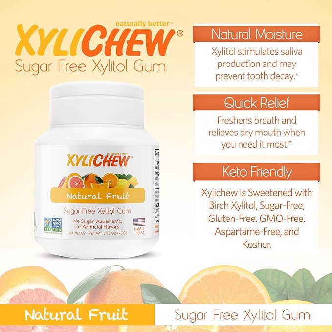 Xylichew 100% Xylitol Chewing Gum - Non GMO, Non Aspartame, Gluten Free, and Sugar Free Gum - Natural Oral Care, Relieves Bad Breath and Dry Mouth - Fruit,60 Count (Pack of 4), 240 Count