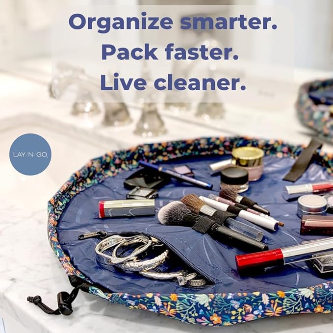 Lay-n-Go Cosmo Layflat Drawstring Cosmetic & Makeup Bag Organizer - Portable Drawstring Makeup Bag w/Zipper Pocket, Loops & More -Durable, Machine Washable Toiletry Bag (20", Butterfly Small Floral)