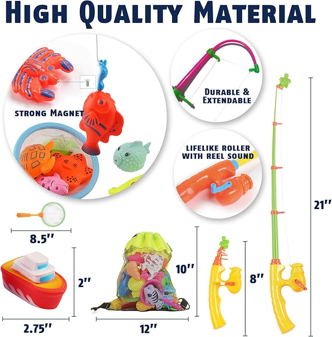 CozyBomB™ Magnetic Fishing Toys Game Set for Kids | Water Table Bathtub Kiddie Pool Party Pole Rod Net, Outdoor Plastic Floating Fish, Toddler Bath Color Ocean Sea Animals Birthday Gift Age 3-5 6 4-8