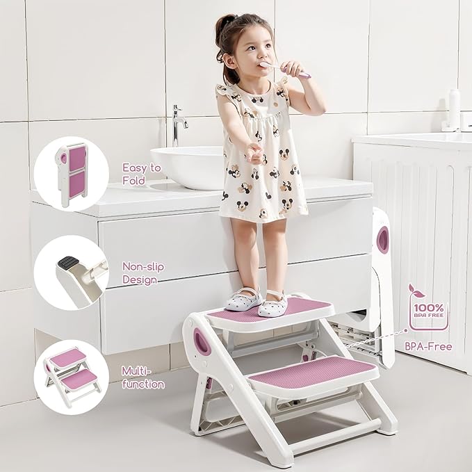Foldable Toddler Step Stool for Bathroom Sink - 2-Step Kids Stool for Potty Training, Kitchen Counter & Bedroom, Sturdy Non-Slip Child Safety Stool Helper