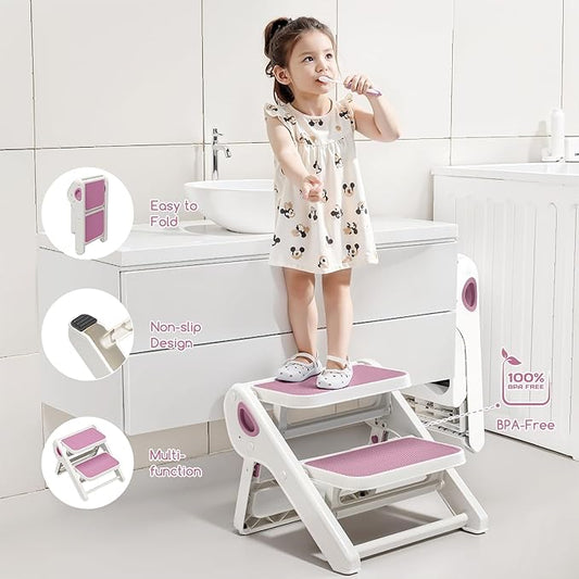 Foldable Toddler Step Stool for Bathroom Sink - 2-Step Kids Stool for Potty Training, Kitchen Counter & Bedroom, Sturdy Non-Slip Child Safety Stool Helper