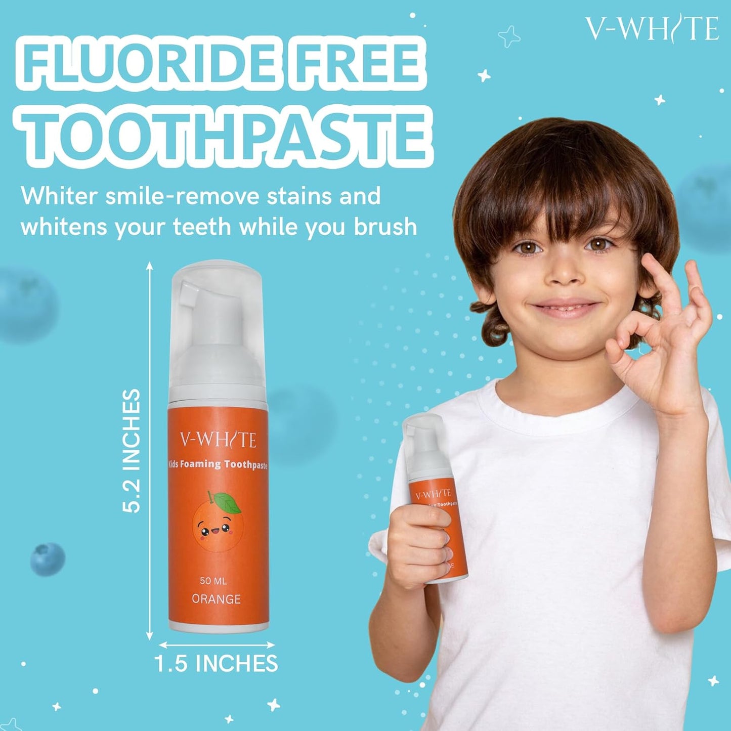 V-White Foam Teeth Whitening Toothpaste - Organic Toothpaste Fluoride Free, Alcohol Free, pH Balanced - Deep Cleansing, Stain Removal, Travel Friendly, for Kids & Adults (Large, Orange)