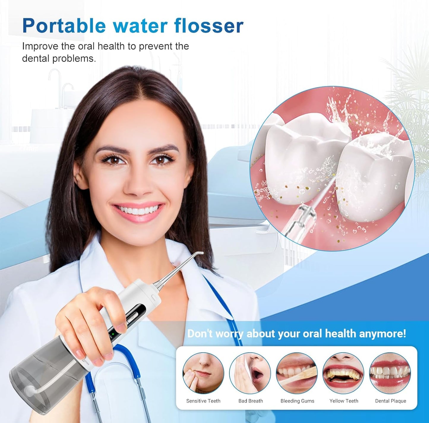 Cordless Water Dental Flosser Oral irrigator,JNGOODS 300ml Rechargeable Water flosser for Teeth IPX7 Waterproof 4 Modes Portable Oral Irrigator with 4 Jet Tips, Travel Home use (White)