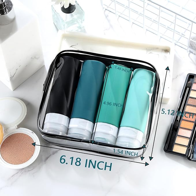 Gemice Travel Bottles - 3oz TSA Approved Containers, BPA Free, Leak Proof, Squeezable Silicone, Clear Toiletry Bag (4 Pack)