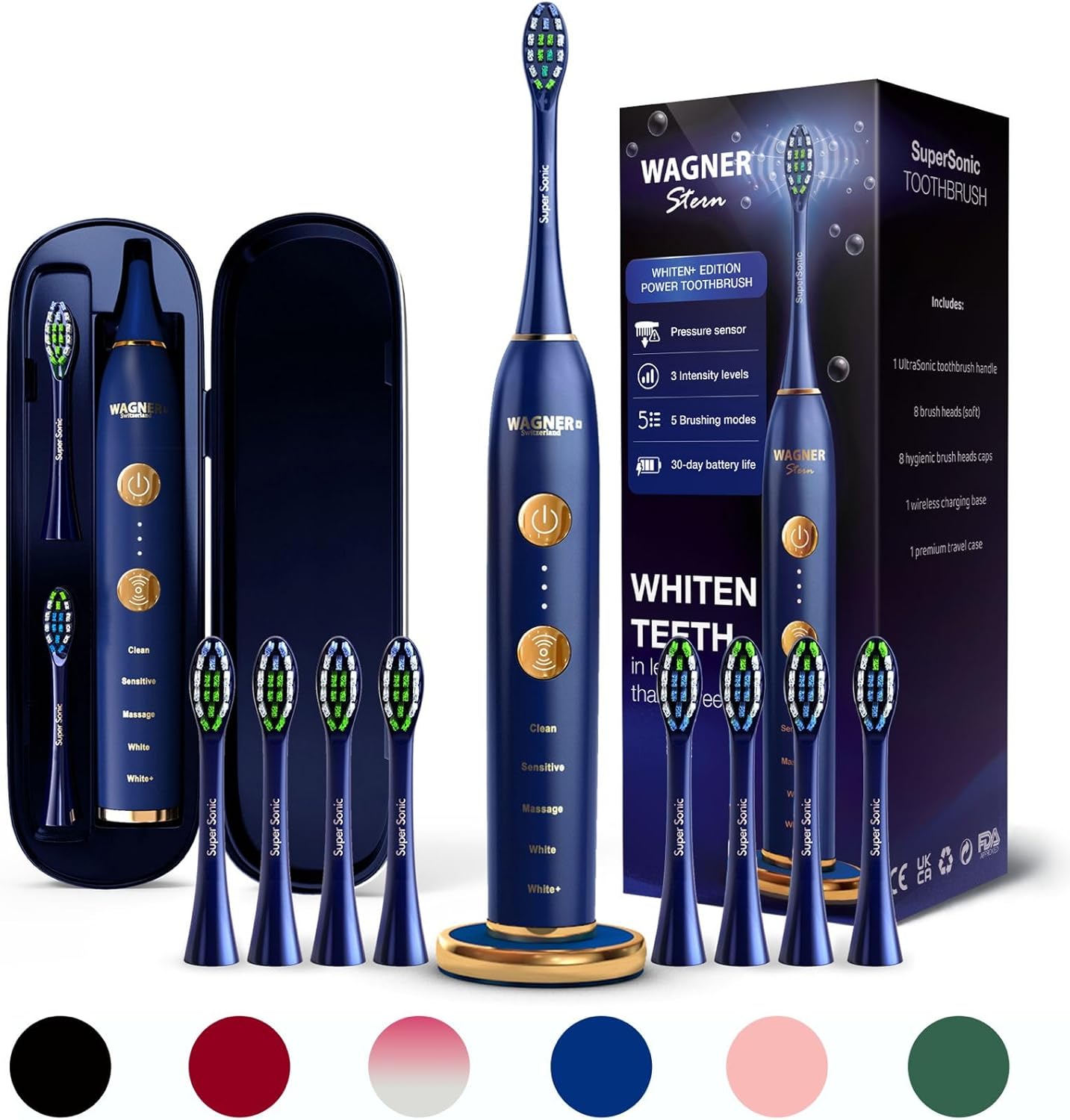 Wagner Stern WHITEN+ Edition. Whitening Electric Toothbrush with Pressure Sensor. Offers 5 Brushing Modes, 3 intensities, 8 Soft Brush Heads, and a Luxury Travel case. (Royal Blue)