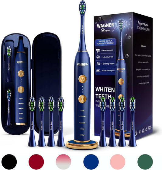 Wagner Stern WHITEN+ Edition. Whitening Electric Toothbrush with Pressure Sensor. Offers 5 Brushing Modes, 3 intensities, 8 Soft Brush Heads, and a Luxury Travel case. (Royal Blue)