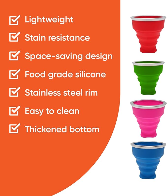 Collapsible Drinking Cup (Pack of 4) - Reusable Travel Mug - Silicone Drinking Glass for Hiking, Picnic, Camping & More - Small Portable cup for Outdoors - Folding Cups with Lids