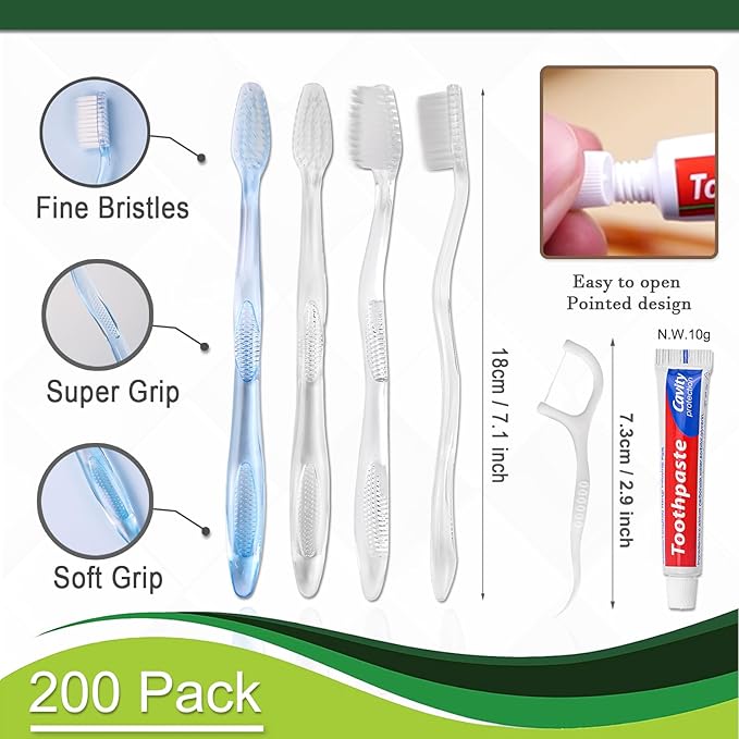 200 pcs Disposable Toothbrushes with Toothpaste Floss Individually Wrapped, 2 Color Toothbrush, 10g Toothpaste, Floss Pick, Bulk Toothbrush for Homeless,Airbnb,Hotel,Guest