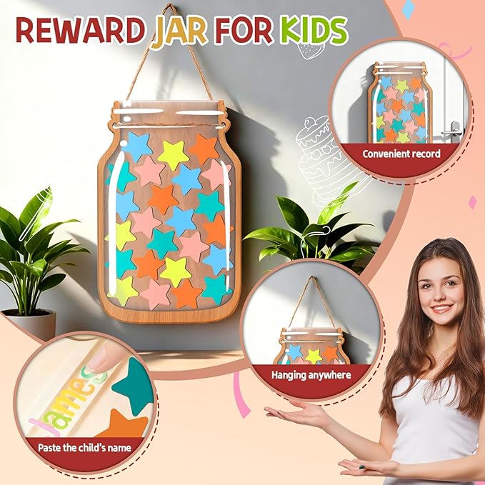 Star Reward Jars for Kids-Magnetic Reward System with Colorful Letter Stickers,Behavior Classroom Incentive Jar for Teachers Parents (Mason Jar with Stars, Kids Motivational Tool)