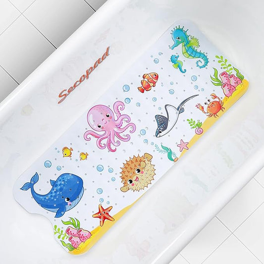 Bath Mat for Tub Non Slip, Machine Washable Anti-Slip Cartoon Baby Bathtub Shower Mat with Drain Holes and Suction Cups for Toddler & Kids (40 Inch x 16 Inch-Rectangular, New-Octopus)