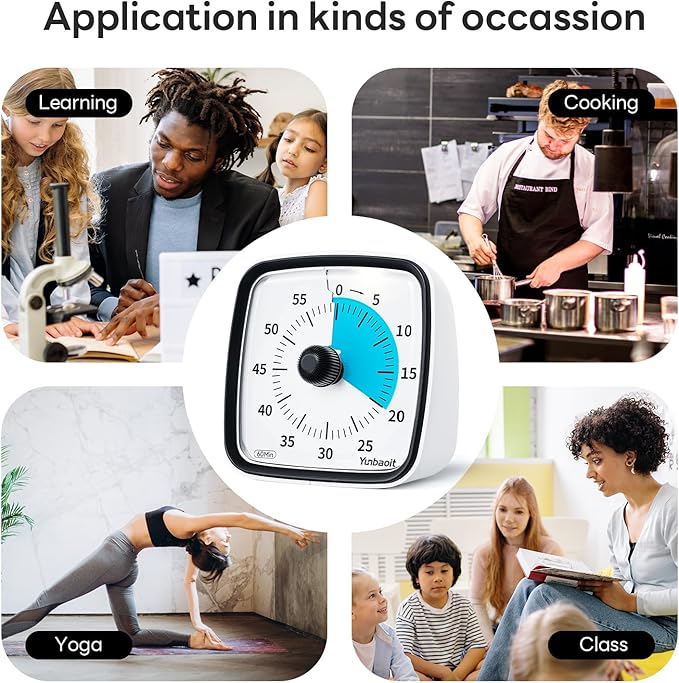 Yunbaoit Visual Timer with Night Light, 60-Minute Countdown Timer for Kids and Adults, Silent Classroom Timer, Time Management Tool for Home, School, or Work (Dark Black)
