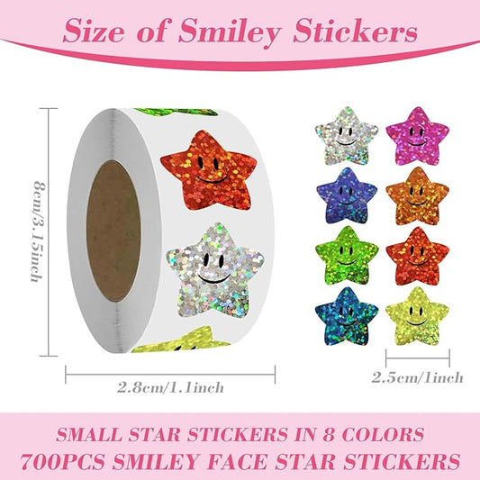700Pcs Smiley Face Star Stickers for Kids Reward,1inch 8 Colored Sparkly Foil Star Stickers for Student Planner and School Classroom Teacher Supplies 3.15inch in Diameter per roll(8cm)