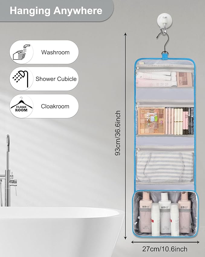 Relavel Travel Hanging Toiletry Bag for Women Men Large Capacity Makeup Bag Waterproof Cosmetic Storage Organizer Case for Bathroom Shower (Blue)