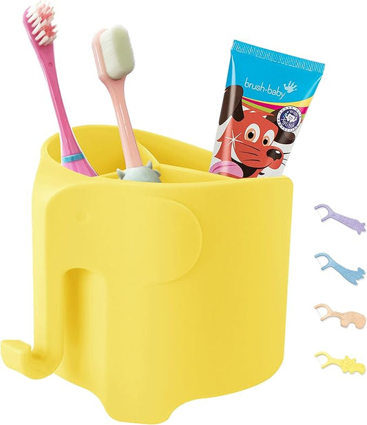 Kids Toothbrush Holder, Cute Elephant Toothbrush Holders for Toddler, Toothbrush Toothpaste Holder for Bathroom, Toothbrush Organizer with 3 Slots and a Hook, Yellow