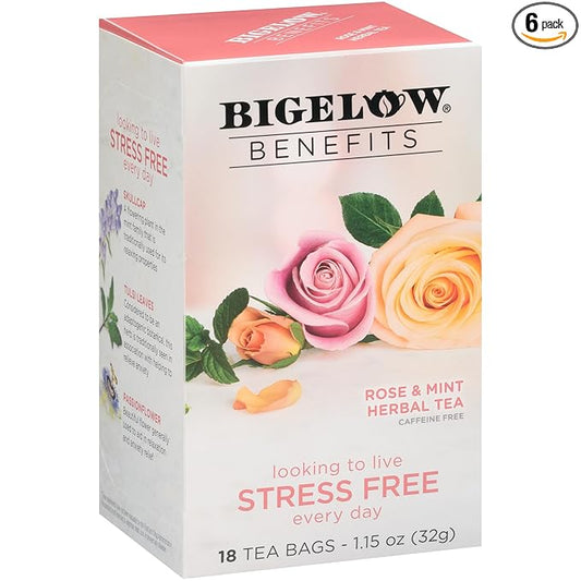 Bigelow Benefits Stress Free Rose & Mint Herbal Tea, Caffeine Free, 18 Count (Pack of 6), 108 Total Tea Bags