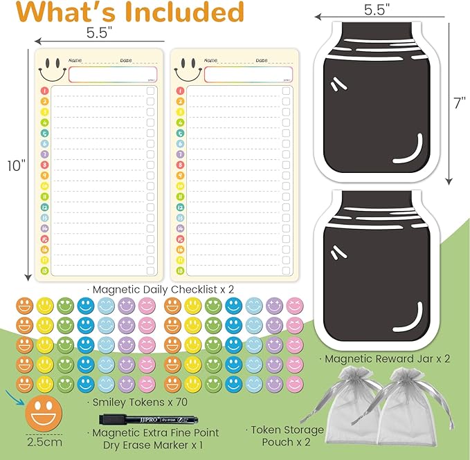 JJPRO Magnetic Dry Erase List Boards for Kids with Smiley Faces Reward Jar- 10" x5.5“ Home Reward Chart for Toddlers,Daily Checklist for Fridge,Reward Chart Positive Behavior Training -Yellow 2Pcs