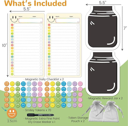 JJPRO Magnetic Dry Erase List Boards for Kids with Smiley Faces Reward Jar- 10" x5.5“ Home Reward Chart for Toddlers,Daily Checklist for Fridge,Reward Chart Positive Behavior Training -Yellow 2Pcs