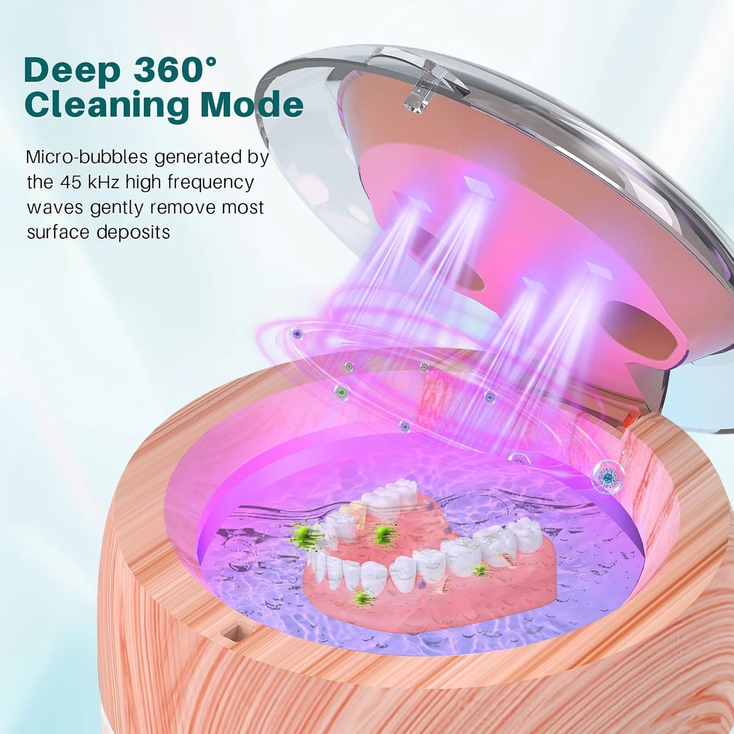 Voraiya Ultrasonic Retainer Cleaner Machine, 360° UV Cleaning Denture Pod, 45kHz Ultrasonic Dental Cleaner Mouth Guard Cleaner for Aligner, Night Guard, Braces, Toothbrush, Jewelry, Ring