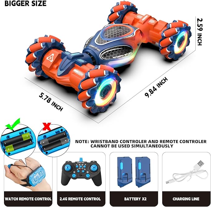 Remote Control Car for Boys - RC Cars for Boy Age 4-12, Gesture Sensing RC Stunt Drift Car for Kids Toys 4 5 6 7 8 9 10 11 12 Year Old Boy Birthday with Cool Lights Music (Orange)
