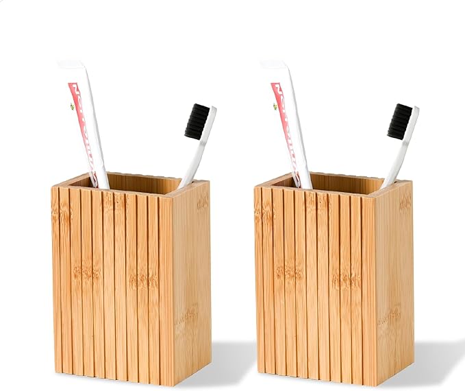 2 Pack Natural Bamboo Toothbrush Holder, Fluted Square Design for Countertop, Multipurpose Pen Holder or Desktop Organizer, Natural