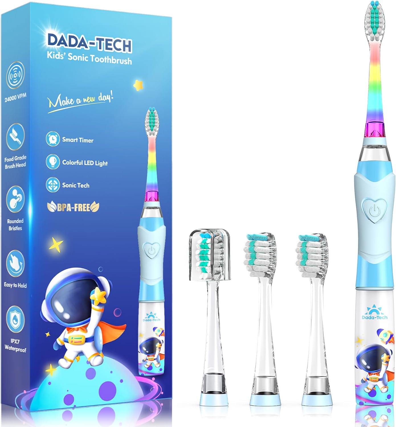 Kids Electric Toothbrush Toddler Toothbrush Age 2-4-8-12 Electric Toothbrush Kids with Timer Rainbow LED Light Up Vibrating Toothbrush Battery Operated Childrens Sonic Tooth Brush (Astronauts Blue)