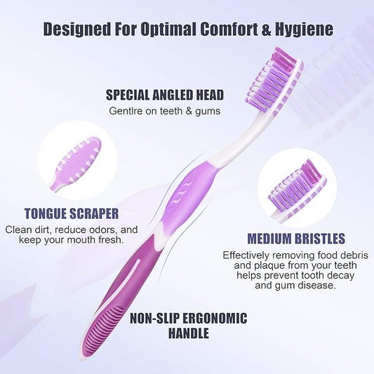 Toothbrush Medium Adults, Medium Toothbrushes for Adults with Tongue Scraper, Travel Toothbrushes with Ergonomic Handle, Assorted Colors, 8 Pack