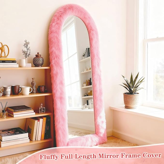 Fluffy Full Length Mirror Cover Universal Ultra Soft Non-Slip Border with Adhesive Tape Pink Fuzzy Frame Decor for Standing Mirror Bedroom Cloakroom Home Decor Women Gifts (pink, 64 x 21 Inch)