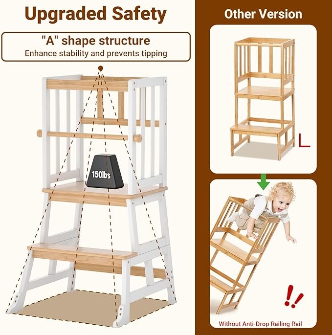 COSYLAND Kids Kitchen Step Stool, Toddler Standing Tower with CPC Certification, Removable Anti-Drop Railing Enjoys Unique Patented Design A Anti-tip Stable Structure 1.5-3 Years Natural & White