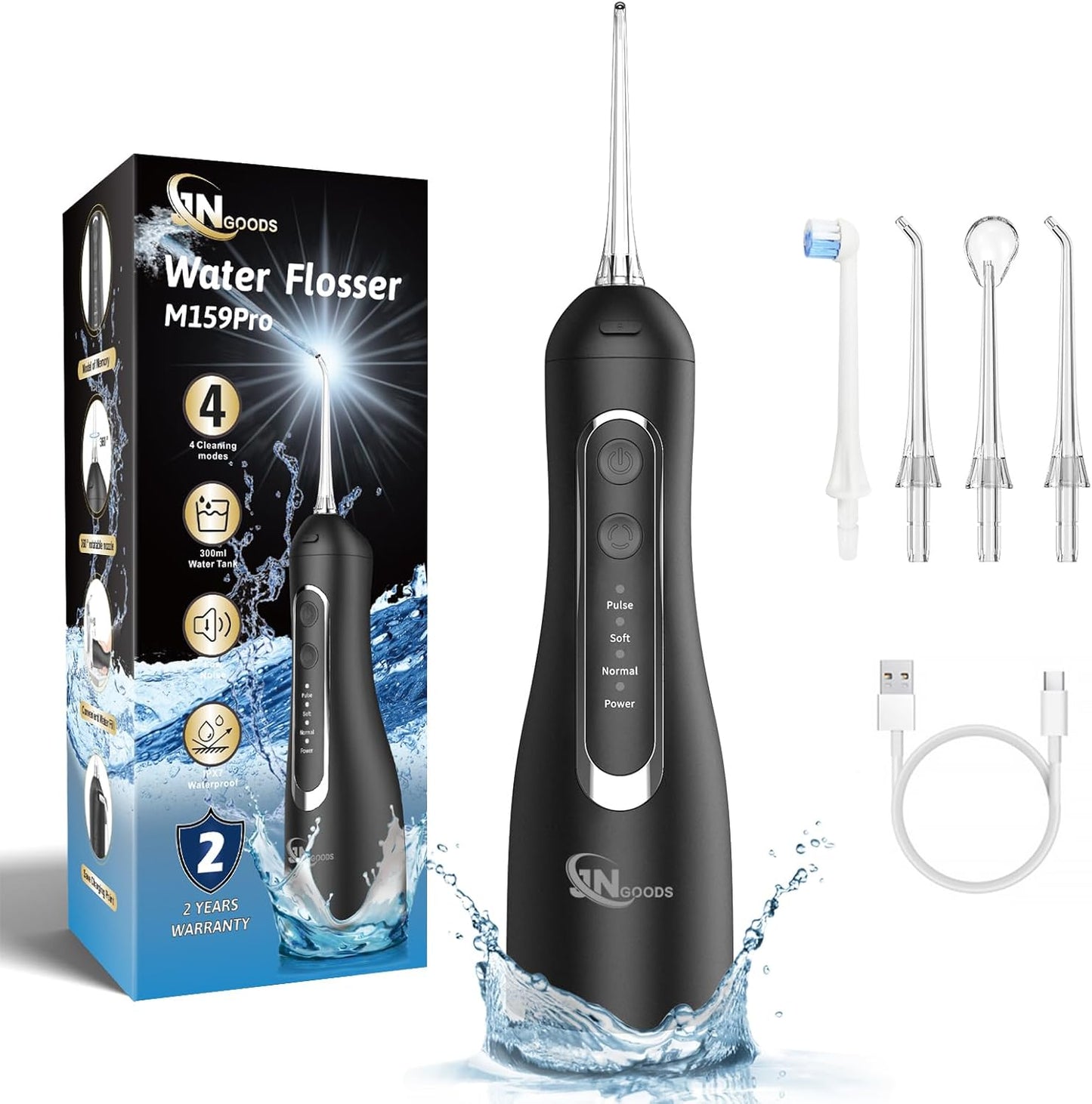 Cordless Water Dental Flosser Oral irrigator,JNGOODS 300ml Rechargeable Water flosser for Teeth IPX7 Waterproof 4 Modes Portable Oral Irrigator with 4 Jet Tips, Travel Home use