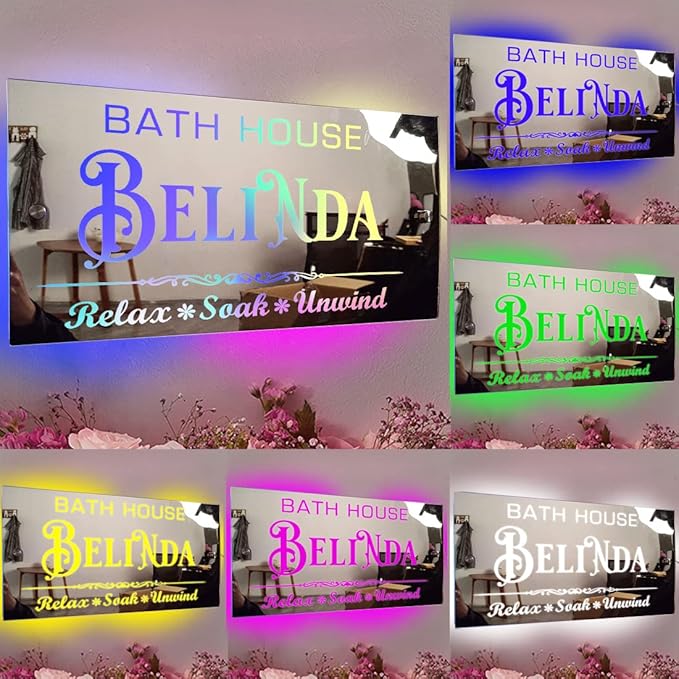 Personalized Bathroom LED Name Mirror Light Custom LED Light Up Mirror Multi Colour Lighting Mirror Name Sign, Custom Name Neon Sign Light Wall Decor Mirror for Bathroom Livingroom,Bar, barber shop