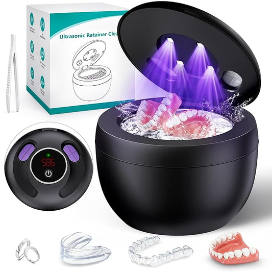Ultrasonic Retainer Cleaner Machine, 45kHz Ultrasonic Dentures Cleaner for Night Guards, Braces, Aligner, Toothbrush, Jewelry and More, 200ML Capacity, Black