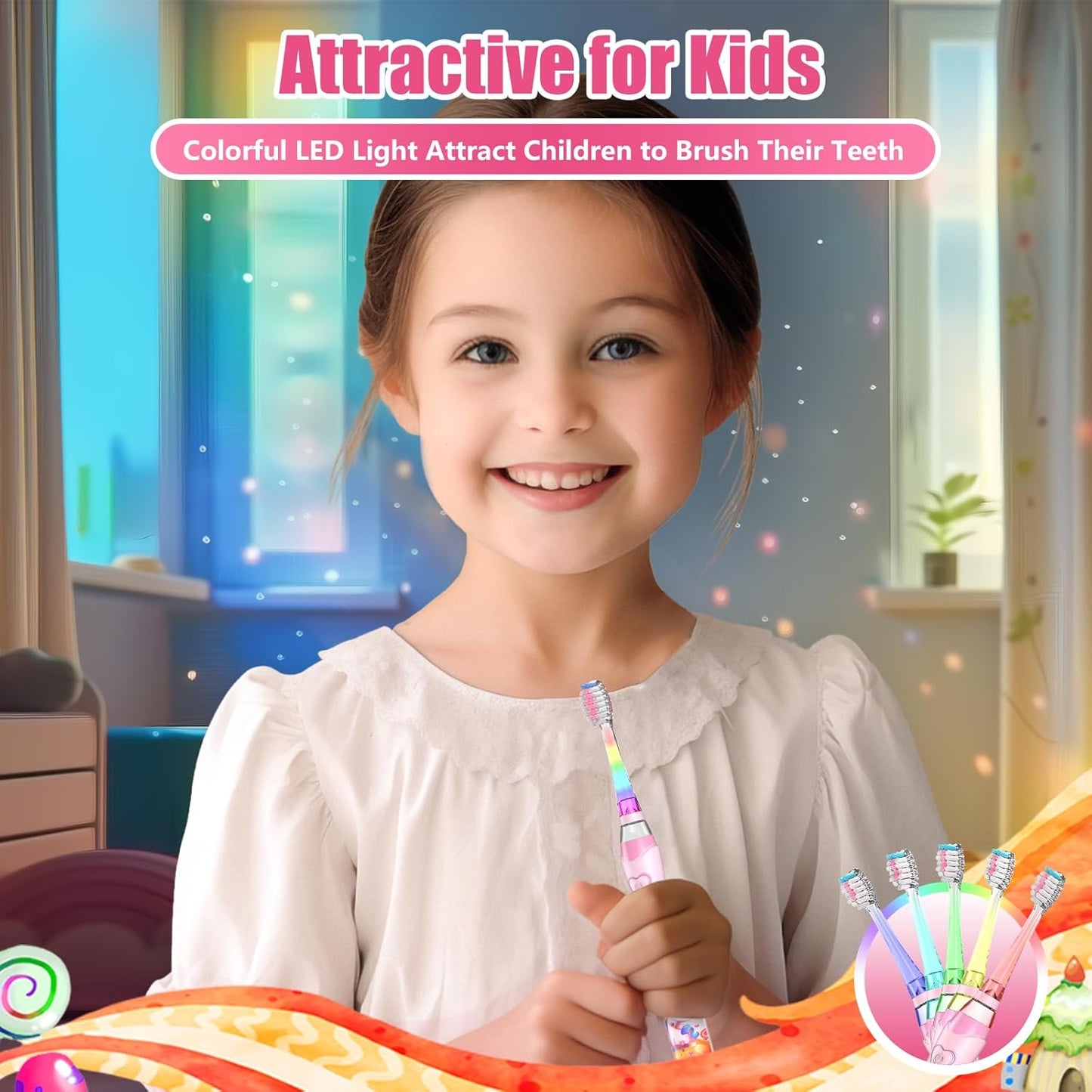 Kids Electric Toothbrush Toddler Toothbrush Age 2-4-8-12 Electric Toothbrush Kids with Timer Rainbow LED Light Up Vibrating Toothbrush Battery Operated Childrens Girls Sonic Tooth Brush (Pink Unicorn)