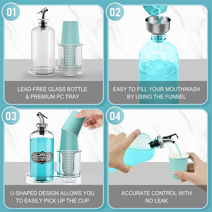 Mouthwash Dispenser for Bathroom with Cup Holder Detachable Glass Mouthwash Container 16 Oz,Refillable Mouth Washer Dispenser for Countertop