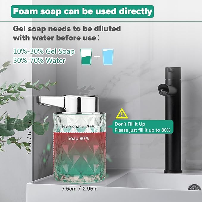 Automatic Soap Dispenser Foam for Bathroom: 8 OZ Glass Touchless Clear Auto Foaming Soap Dispenser for Kitchen - Hand Dish Lotion Home Countertop Kids - Family Couple