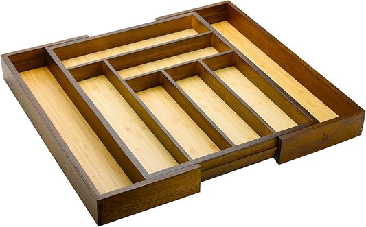 Cozee Bay Bamboo drawer organizer, utensil holder, silverware organizer, and adjustable cutlery tray with drawer dividers, for kitchen, office desk, and bathroom storage (Vintage Brown)