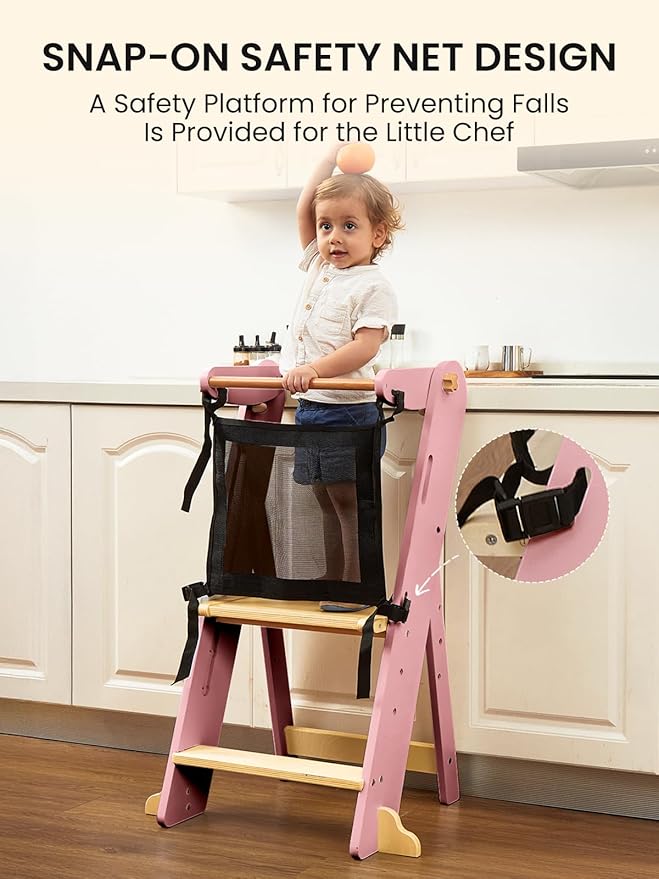GROWNSY Foldable Step Stool Toddler Tower, Toddler Kitchen Stool Helper, Collapsible Kids Standing Tower with 3 Adjustable Heights and Safety Net for Kitchen Bathroom Sink Counter (Light Pink)